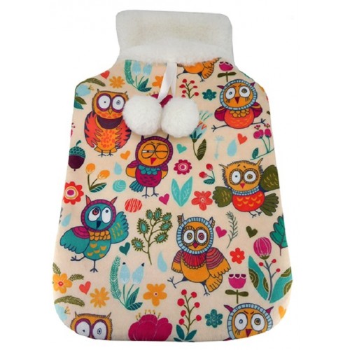 HOT WATER BOTTLE COVER OWLS PATTERN WITH POMPOMS